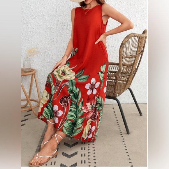 Red Tropical Print Tunic Dress - Picture 2 of 6